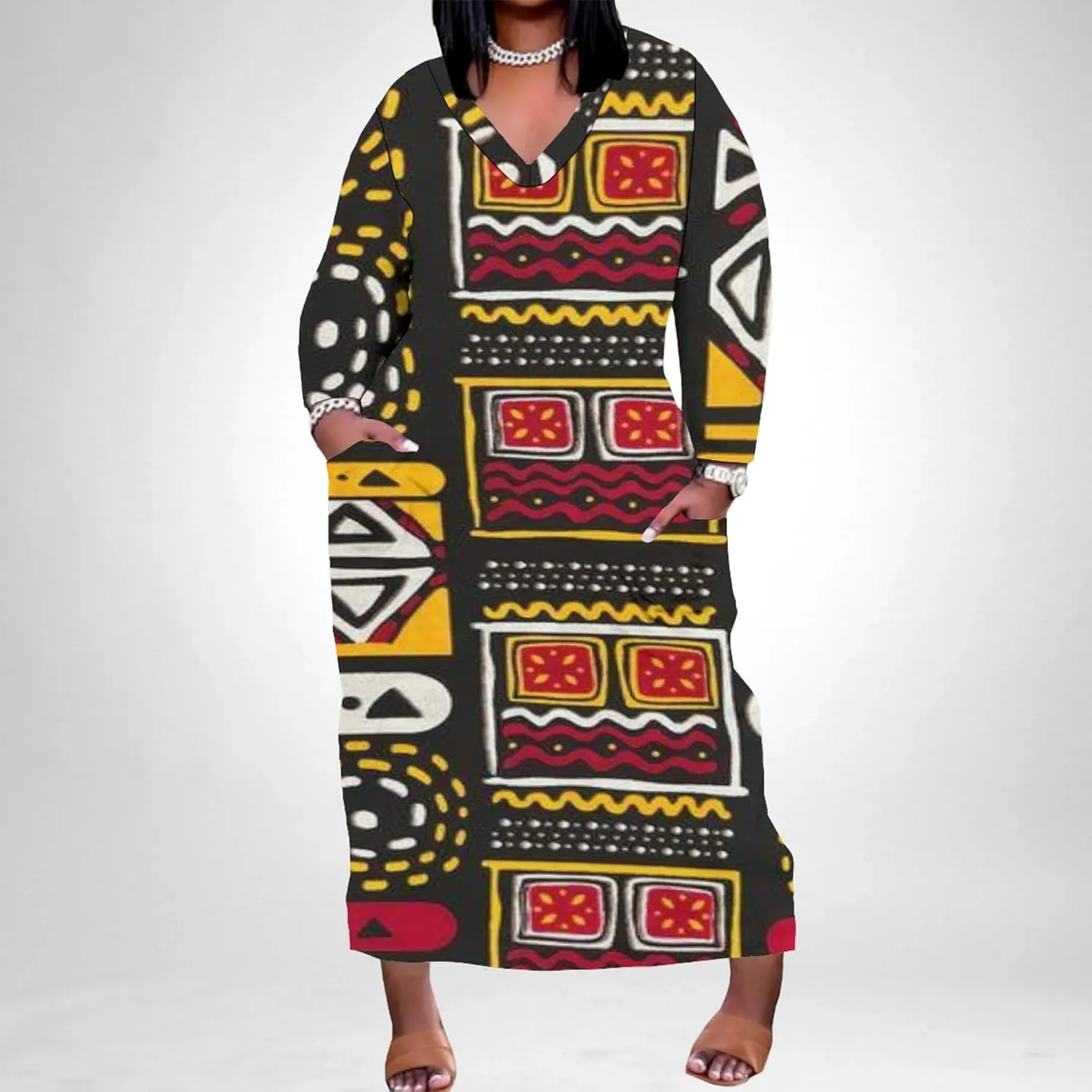 Plus Size Sexy Tie Dye Maxi Dress for Curvy Women V Neck African Print Ethnic Style Maxi Dress Long Sleeves Pockets