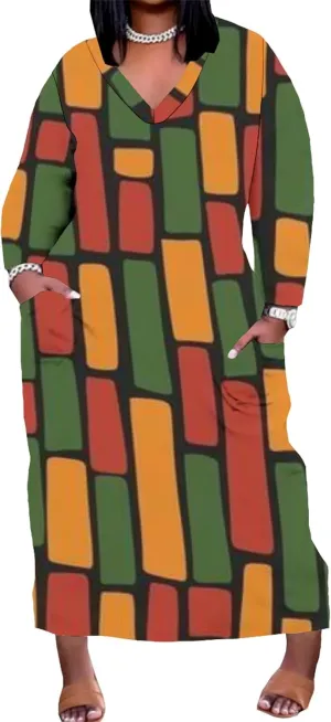 Plus Size Sexy Tie Dye Maxi Dress for Curvy Women V Neck African Print Ethnic Style Maxi Dress Long Sleeves Pockets
