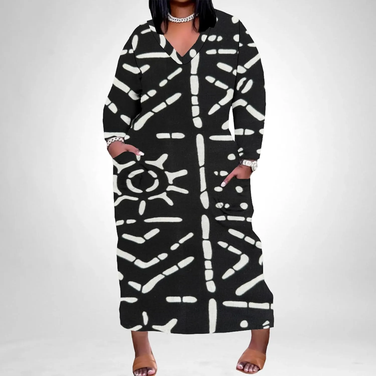 Plus Size Sexy Tie Dye Maxi Dress for Curvy Women V Neck African Print Ethnic Style Maxi Dress Long Sleeves Pockets