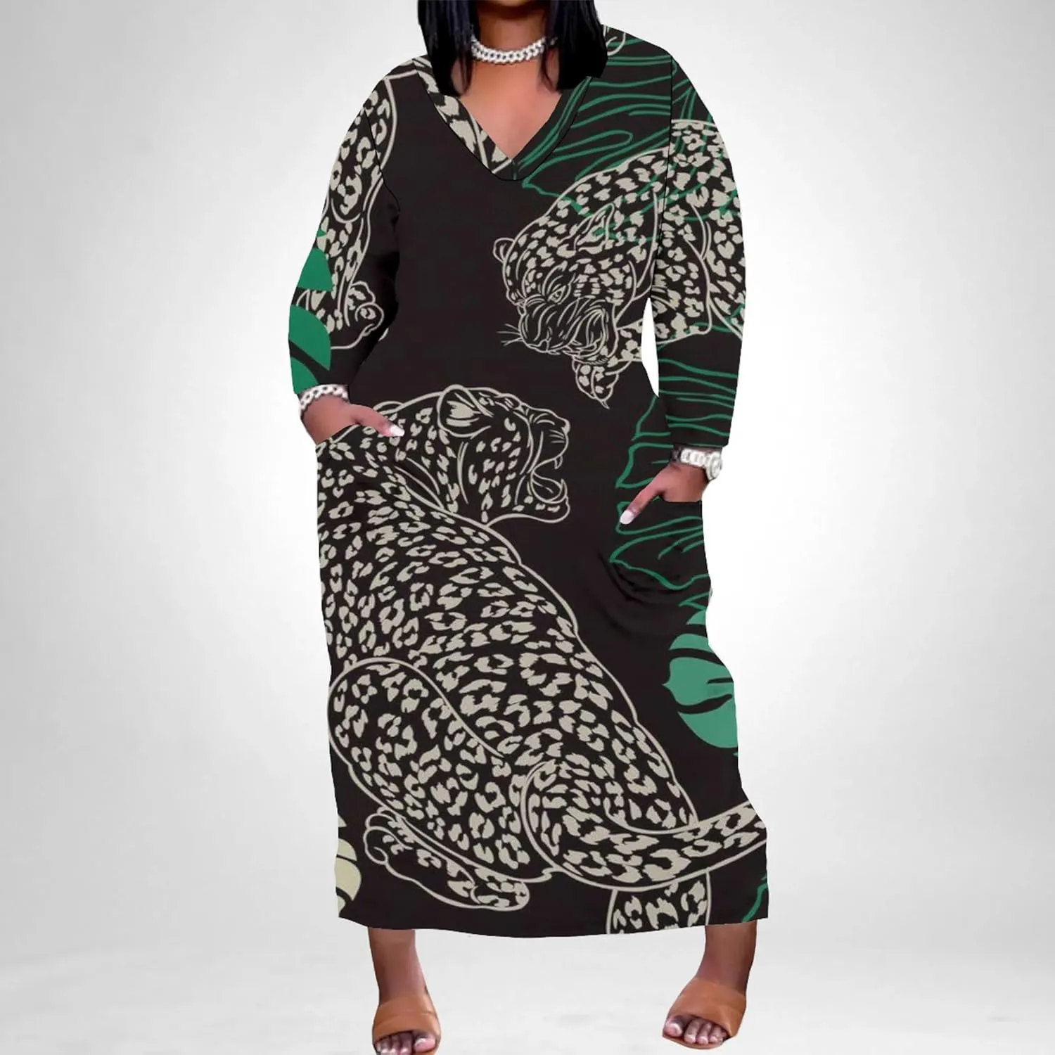 Plus Size Sexy Tie Dye Maxi Dress for Curvy Women V Neck African Print Ethnic Style Maxi Dress Long Sleeves Pockets