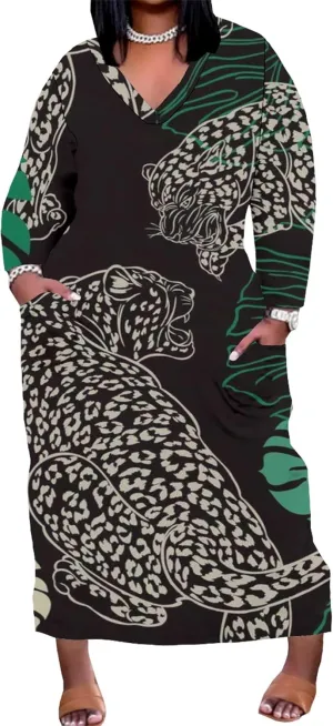 Plus Size Sexy Tie Dye Maxi Dress for Curvy Women V Neck African Print Ethnic Style Maxi Dress Long Sleeves Pockets