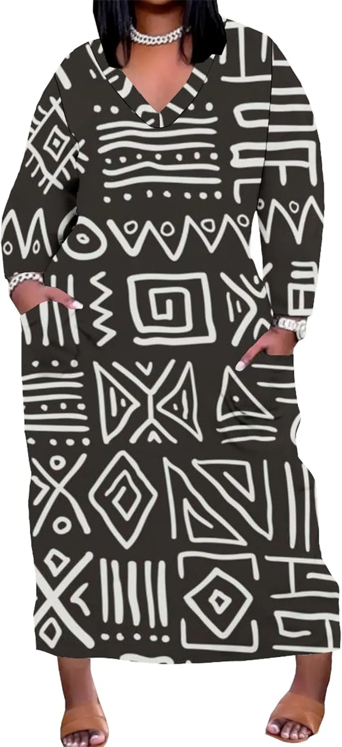 Plus Size Sexy Tie Dye Maxi Dress for Curvy Women V Neck African Print Ethnic Style Maxi Dress Long Sleeves Pockets