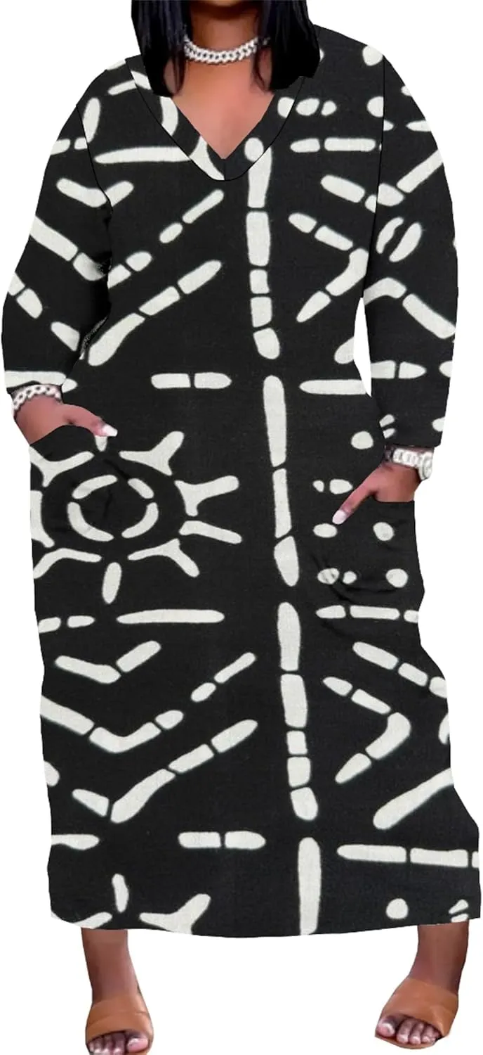 Plus Size Sexy Tie Dye Maxi Dress for Curvy Women V Neck African Print Ethnic Style Maxi Dress Long Sleeves Pockets