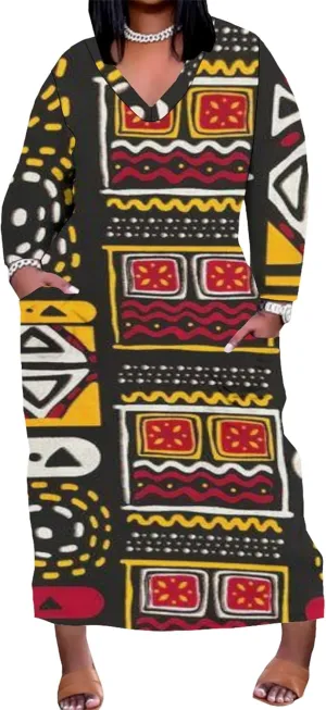 Plus Size Sexy Tie Dye Maxi Dress for Curvy Women V Neck African Print Ethnic Style Maxi Dress Long Sleeves Pockets