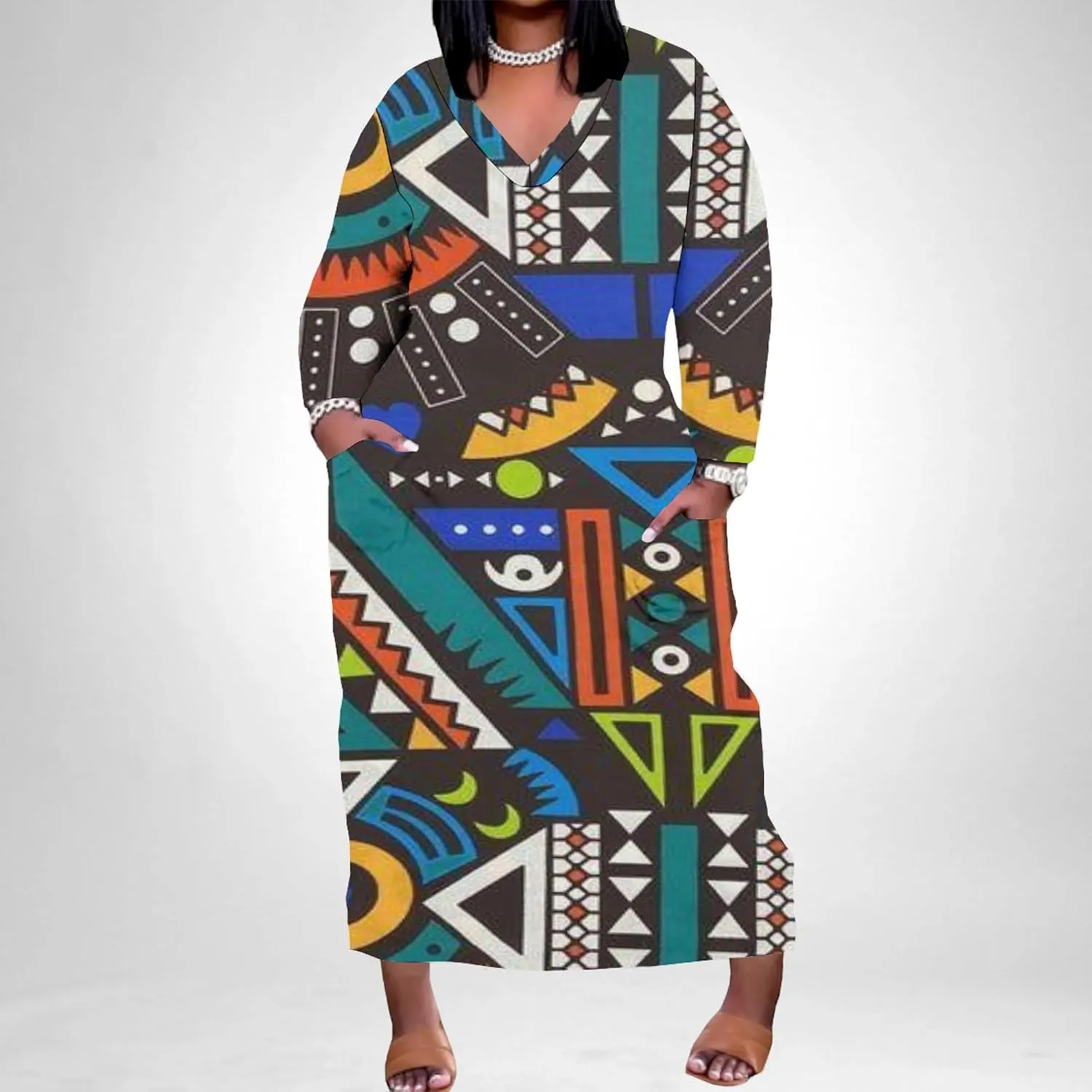 Plus Size Sexy Tie Dye Maxi Dress for Curvy Women V Neck African Print Ethnic Style Maxi Dress Long Sleeves Pockets