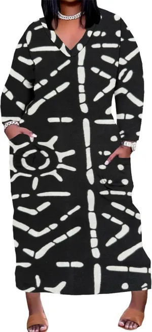 Plus Size Sexy Tie Dye Maxi Dress for Curvy Women V Neck African Print Ethnic Style Maxi Dress Long Sleeves Pockets