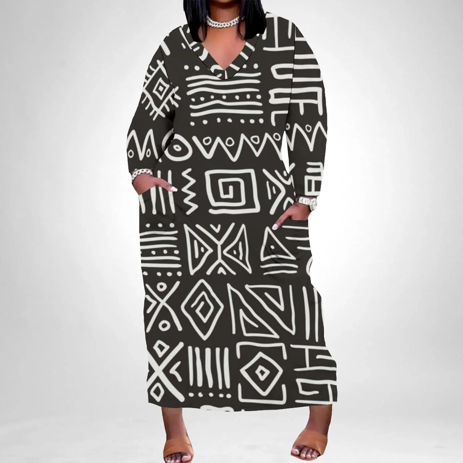 Plus Size Sexy Tie Dye Maxi Dress for Curvy Women V Neck African Print Ethnic Style Maxi Dress Long Sleeves Pockets