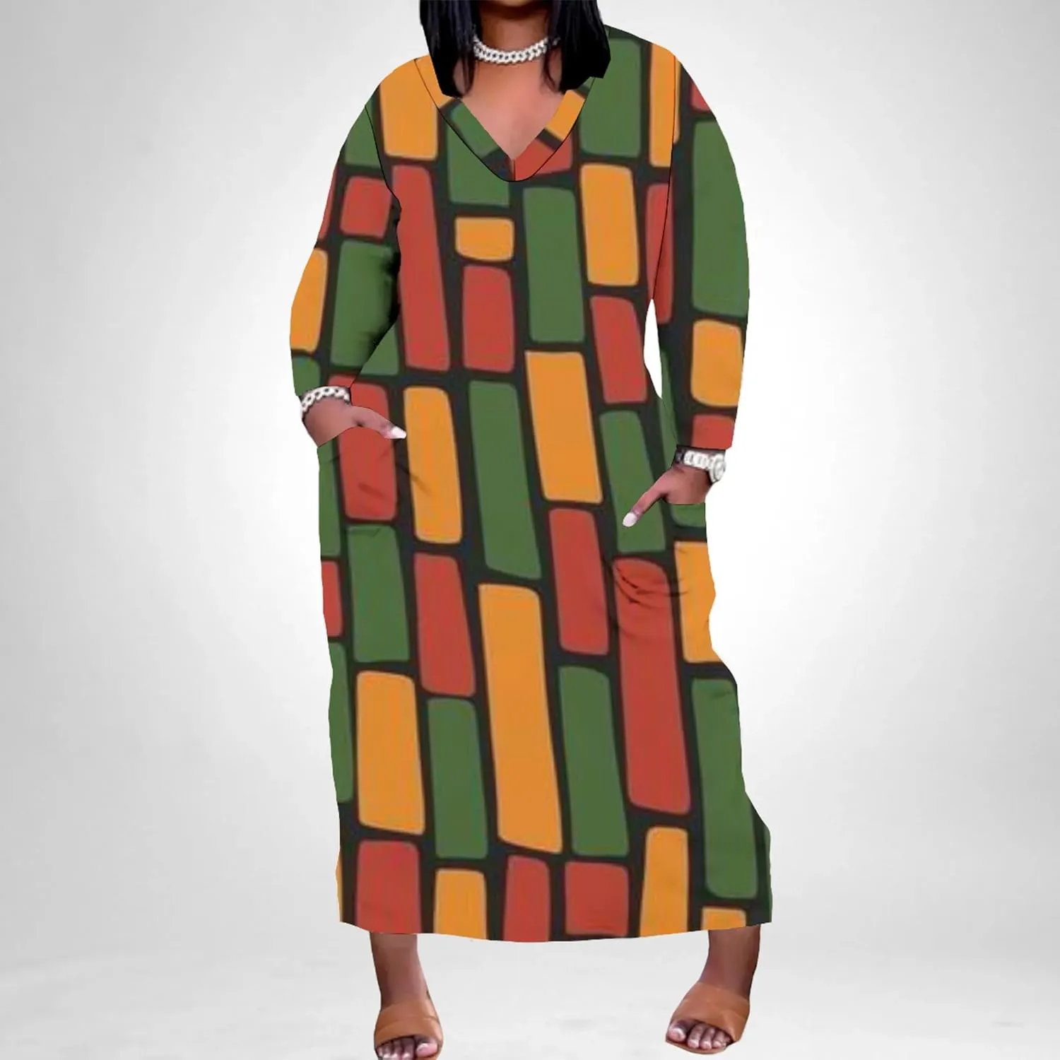 Plus Size Sexy Tie Dye Maxi Dress for Curvy Women V Neck African Print Ethnic Style Maxi Dress Long Sleeves Pockets