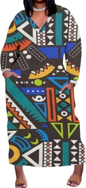 Plus Size Sexy Tie Dye Maxi Dress for Curvy Women V Neck African Print Ethnic Style Maxi Dress Long Sleeves Pockets