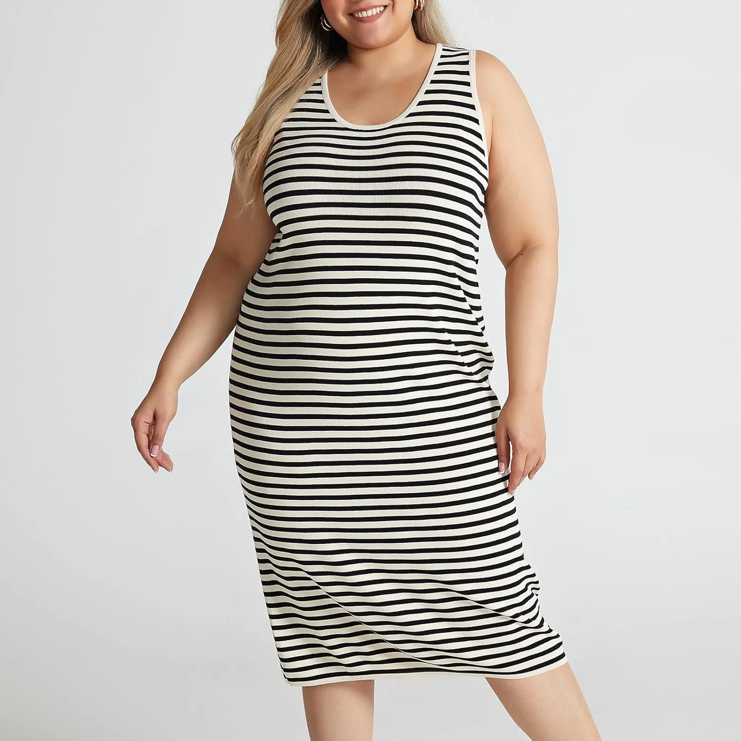Plus Size Summer Tank Dress for Women Casual Sleeveless Crewneck Striped Sundresses 2025 Trendy Midi Dresses