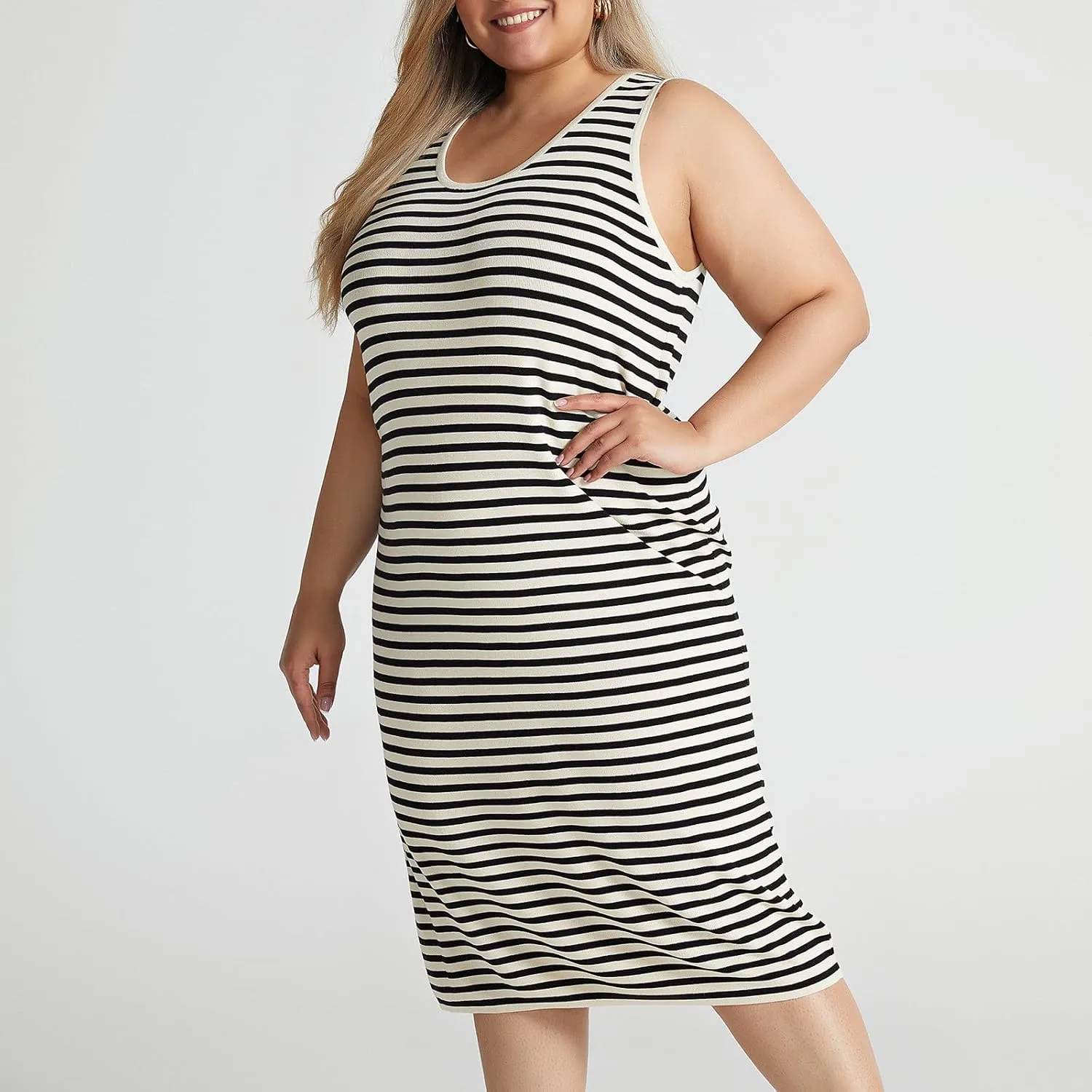 Plus Size Summer Tank Dress for Women Casual Sleeveless Crewneck Striped Sundresses 2025 Trendy Midi Dresses