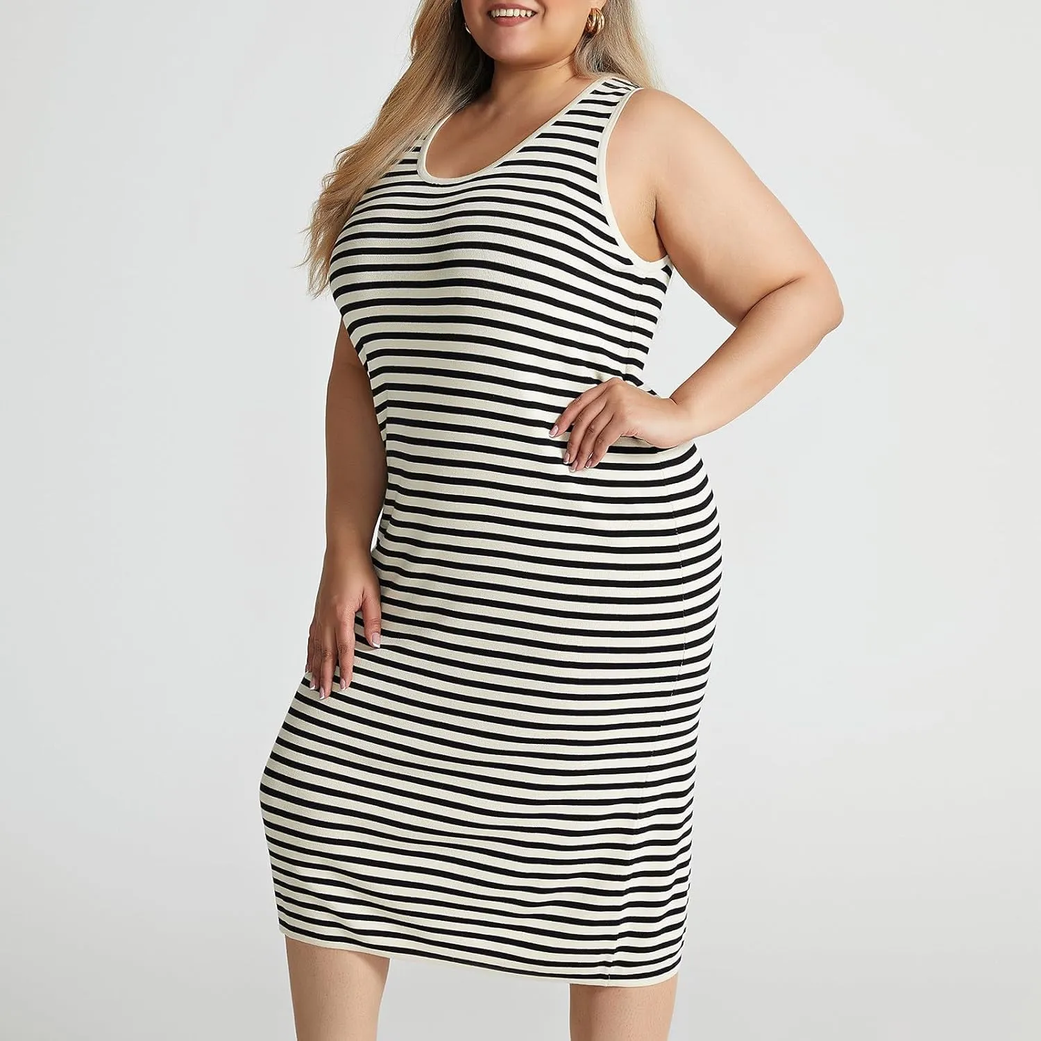 Plus Size Summer Tank Dress for Women Casual Sleeveless Crewneck Striped Sundresses 2025 Trendy Midi Dresses