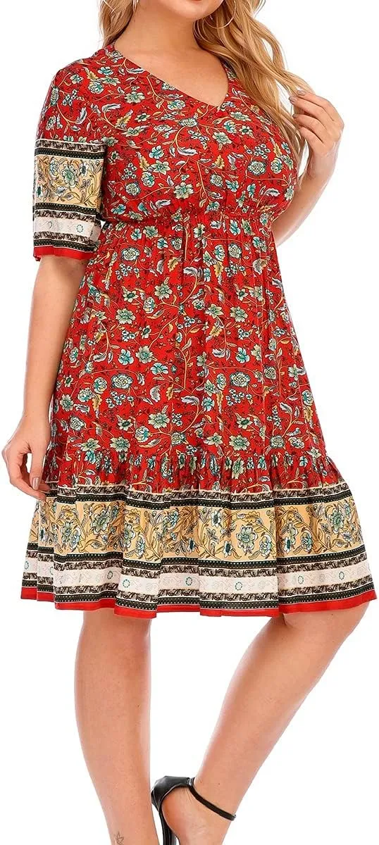 Plus Size Women's Dresses Bohemian Floral Printed Ruffle Hem Short Sleeve V-Neck Beach Mini Dress