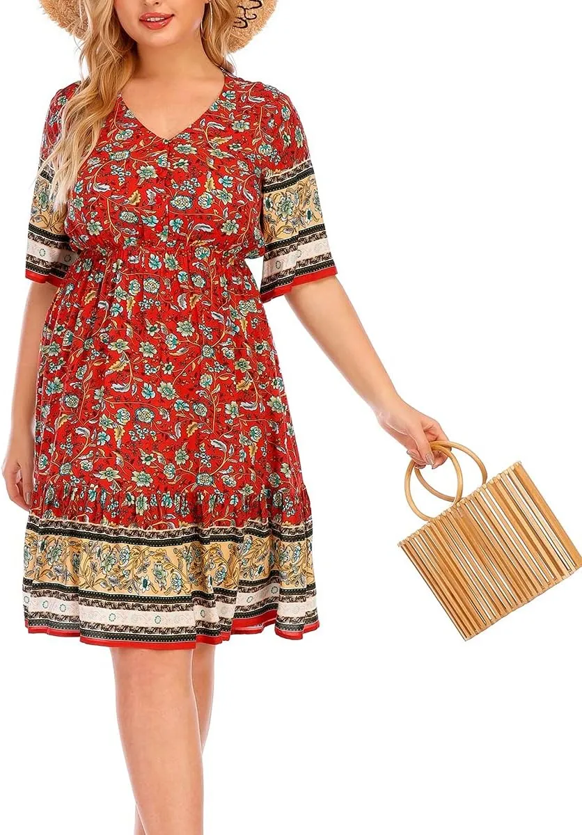 Plus Size Women's Dresses Bohemian Floral Printed Ruffle Hem Short Sleeve V-Neck Beach Mini Dress