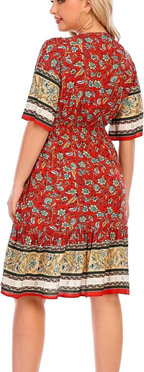 Plus Size Women's Dresses Bohemian Floral Printed Ruffle Hem Short Sleeve V-Neck Beach Mini Dress