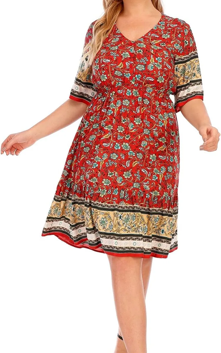 Plus Size Women's Dresses Bohemian Floral Printed Ruffle Hem Short Sleeve V-Neck Beach Mini Dress