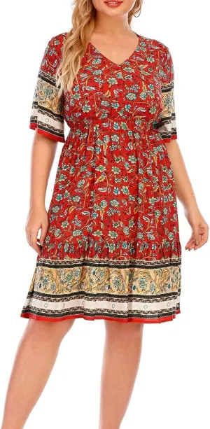 Plus Size Women's Dresses Bohemian Floral Printed Ruffle Hem Short Sleeve V-Neck Beach Mini Dress