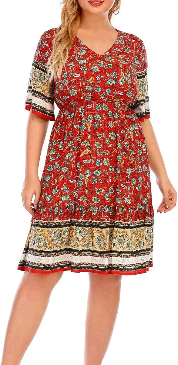 Plus Size Women's Dresses Bohemian Floral Printed Ruffle Hem Short Sleeve V-Neck Beach Mini Dress