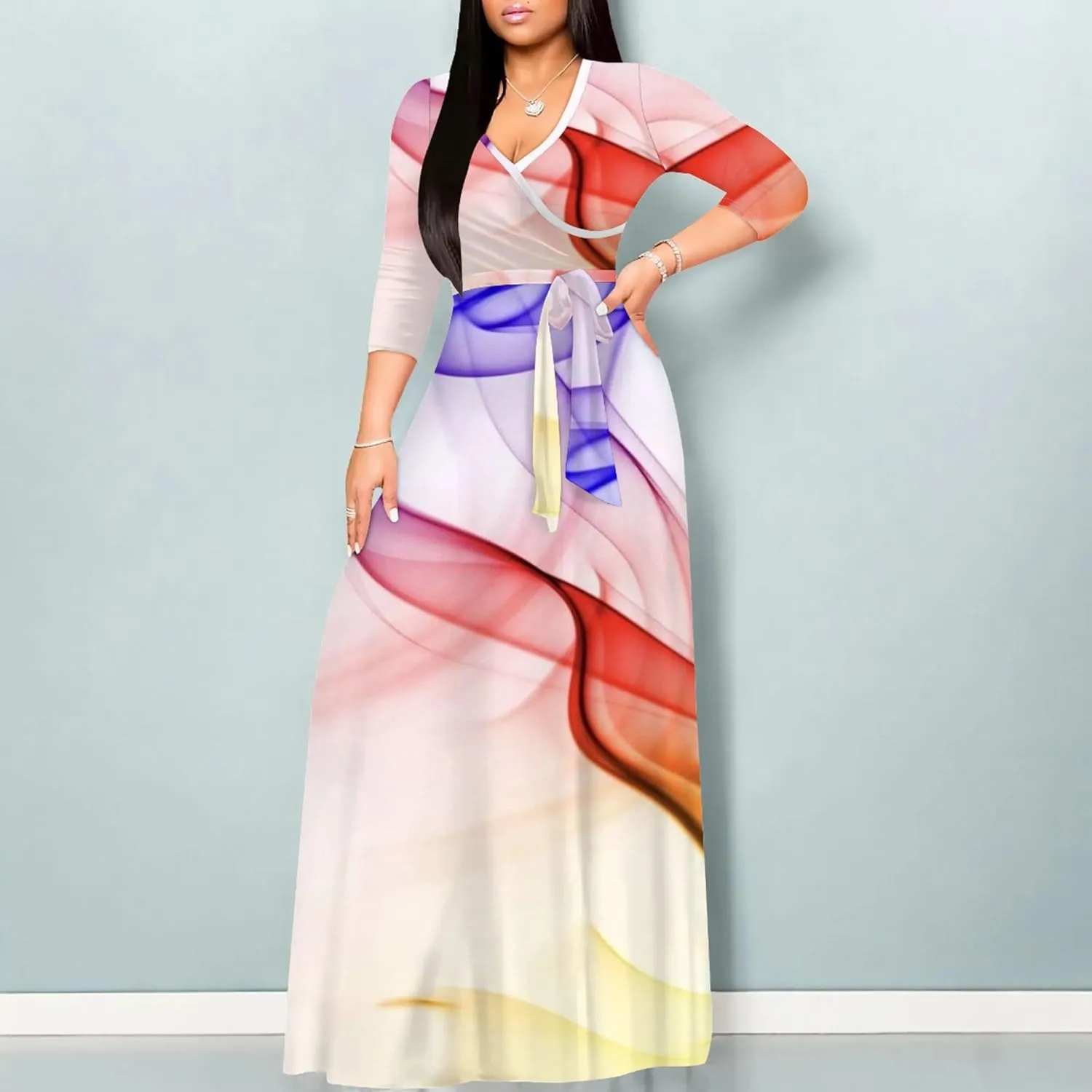 Plus Size Womens Maxi Dress Colorful Smoke Pattern Print Casual Sundress Sexy V Neck Midi Dress 3/4 Sleeves with Belt