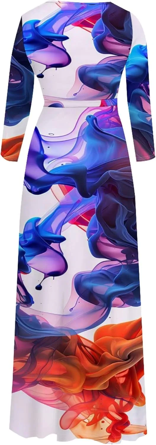 Plus Size Womens Maxi Dress Colorful Smoke Pattern Print Casual Sundress Sexy V Neck Midi Dress 3/4 Sleeves with Belt
