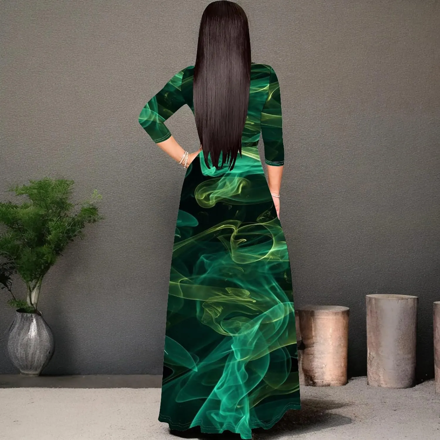 Plus Size Womens Maxi Dress Colorful Smoke Pattern Print Casual Sundress Sexy V Neck Midi Dress 3/4 Sleeves with Belt