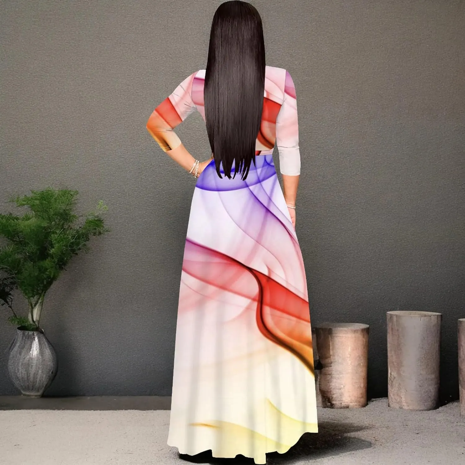 Plus Size Womens Maxi Dress Colorful Smoke Pattern Print Casual Sundress Sexy V Neck Midi Dress 3/4 Sleeves with Belt
