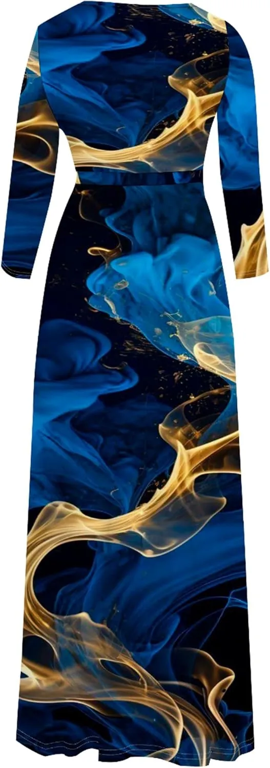 Plus Size Womens Maxi Dress Colorful Smoke Pattern Print Casual Sundress Sexy V Neck Midi Dress 3/4 Sleeves with Belt