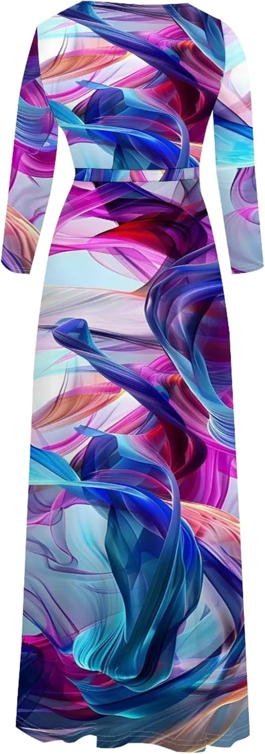Plus Size Womens Maxi Dress Colorful Smoke Pattern Print Casual Sundress Sexy V Neck Midi Dress 3/4 Sleeves with Belt