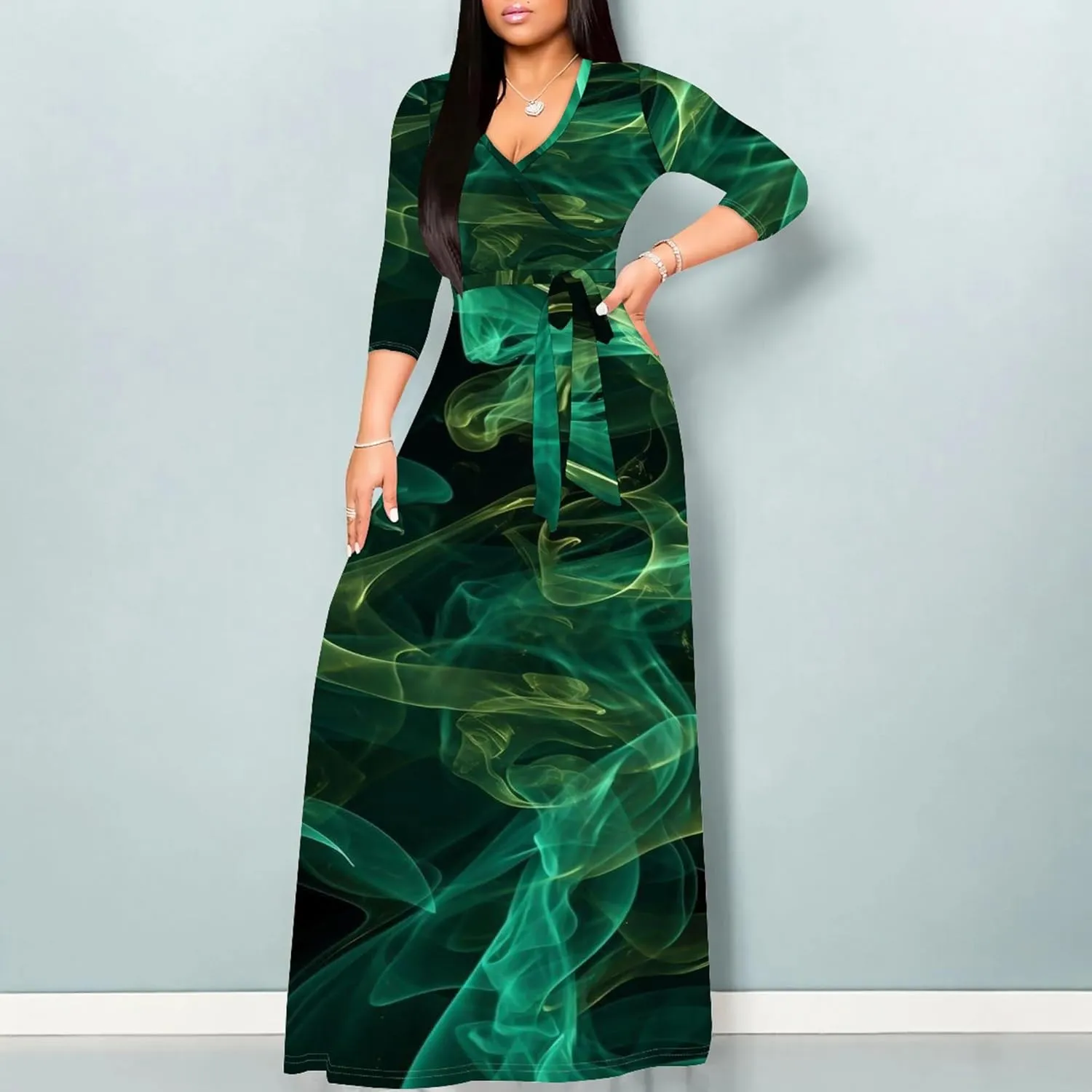 Plus Size Womens Maxi Dress Colorful Smoke Pattern Print Casual Sundress Sexy V Neck Midi Dress 3/4 Sleeves with Belt