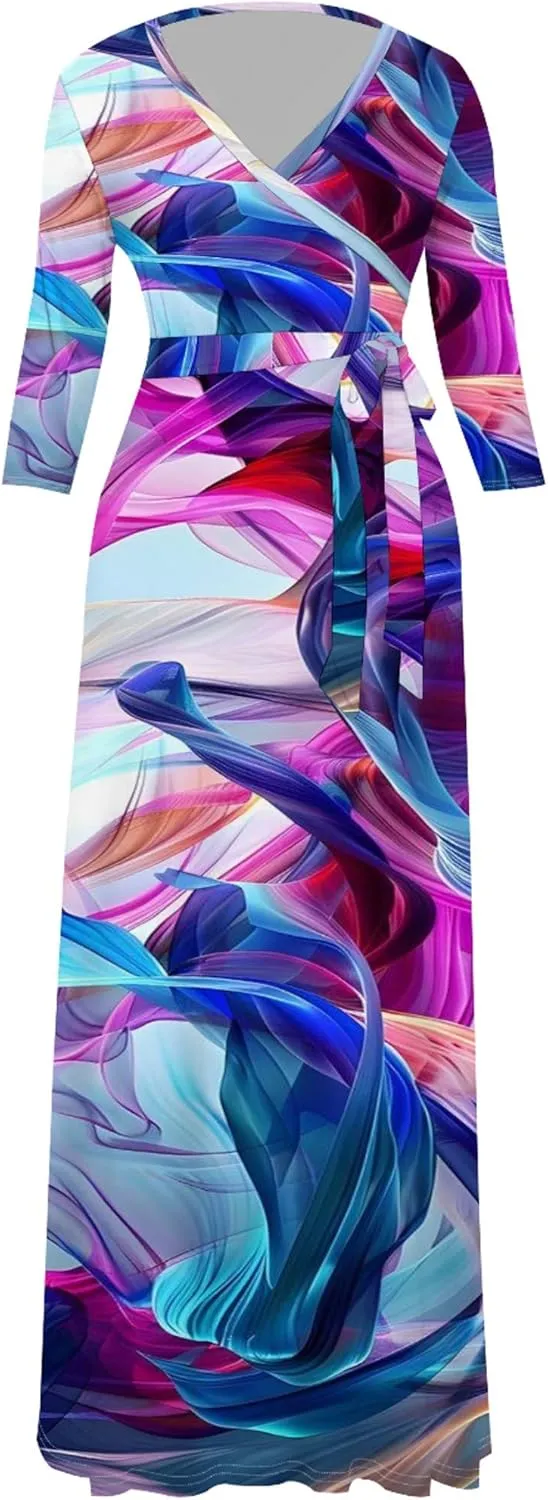Plus Size Womens Maxi Dress Colorful Smoke Pattern Print Casual Sundress Sexy V Neck Midi Dress 3/4 Sleeves with Belt