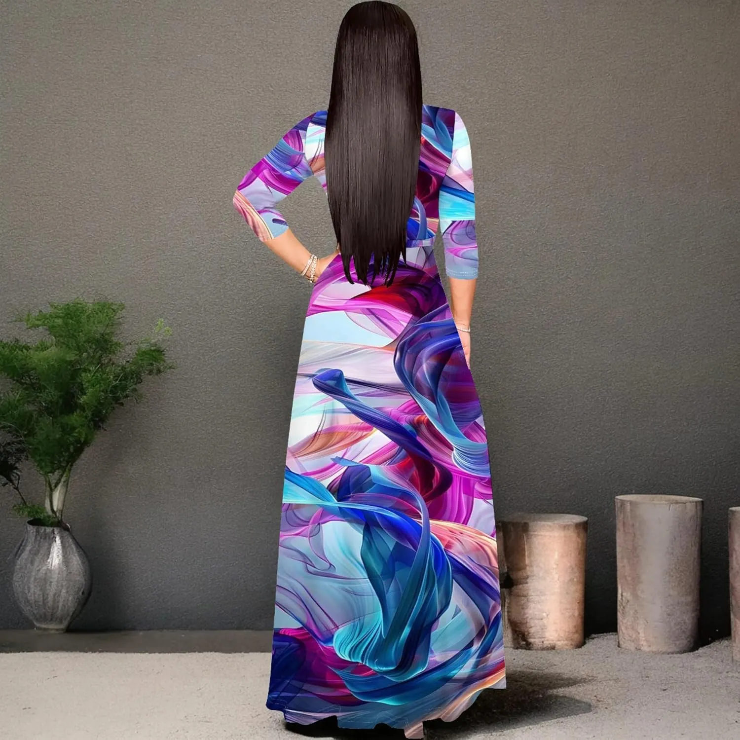 Plus Size Womens Maxi Dress Colorful Smoke Pattern Print Casual Sundress Sexy V Neck Midi Dress 3/4 Sleeves with Belt