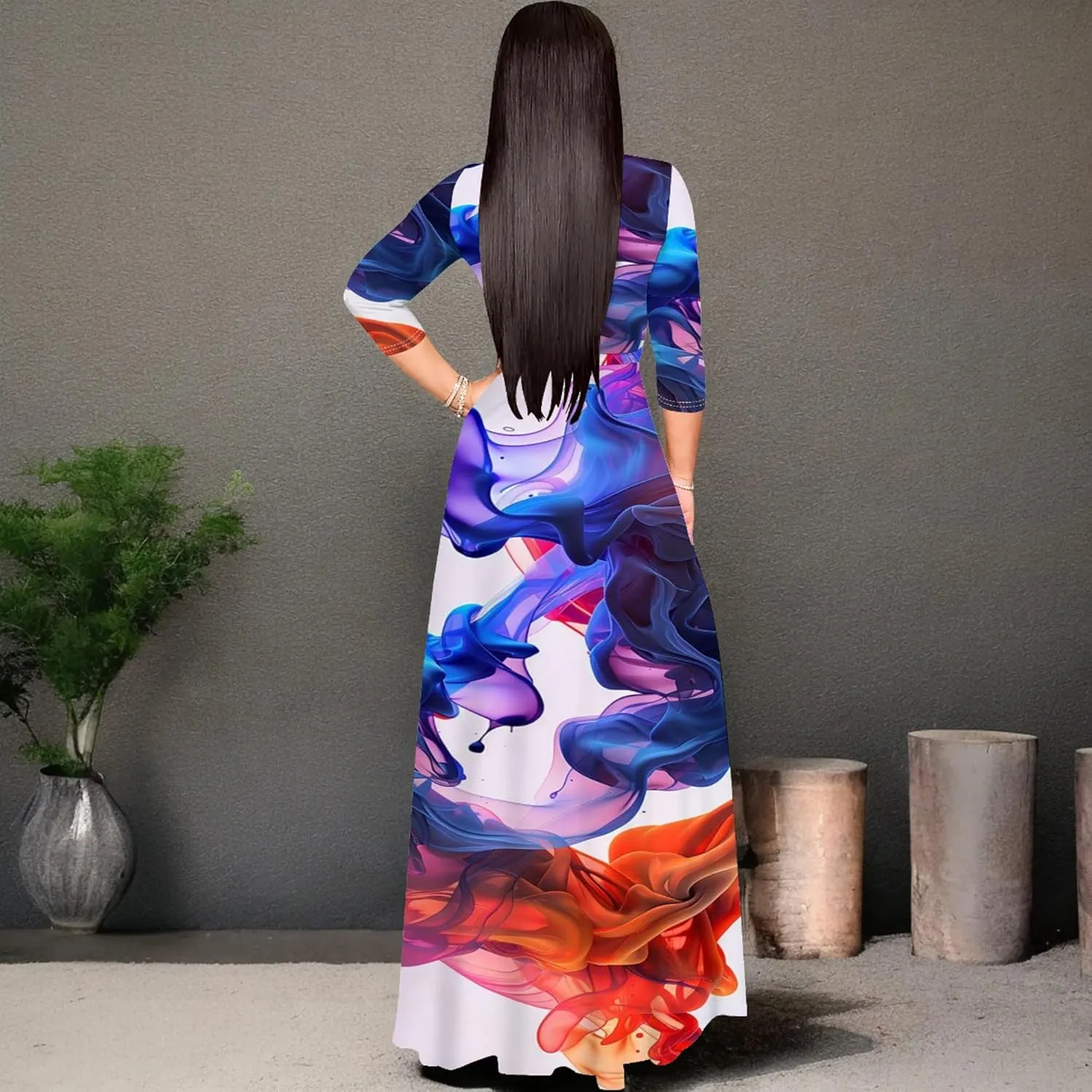 Plus Size Womens Maxi Dress Colorful Smoke Pattern Print Casual Sundress Sexy V Neck Midi Dress 3/4 Sleeves with Belt