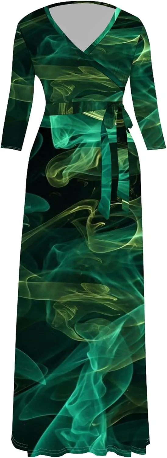 Plus Size Womens Maxi Dress Colorful Smoke Pattern Print Casual Sundress Sexy V Neck Midi Dress 3/4 Sleeves with Belt