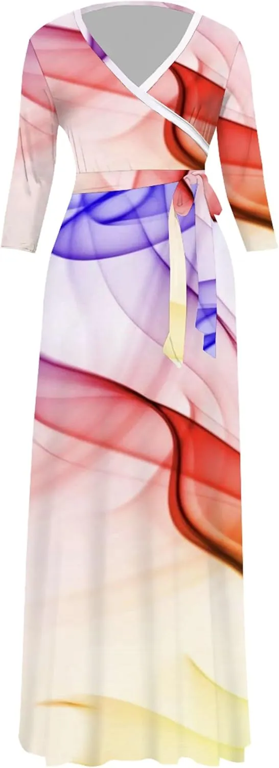 Plus Size Womens Maxi Dress Colorful Smoke Pattern Print Casual Sundress Sexy V Neck Midi Dress 3/4 Sleeves with Belt