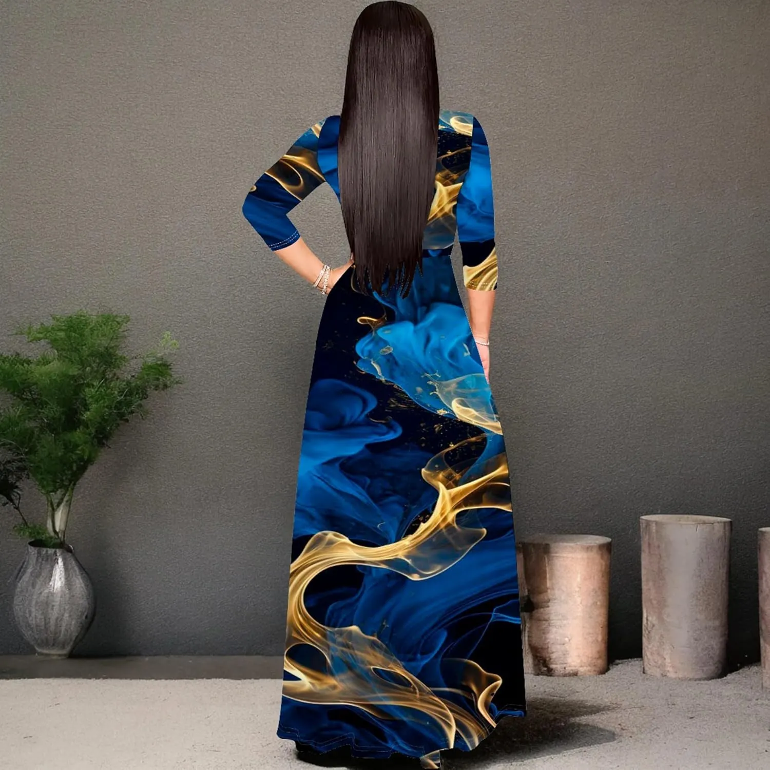 Plus Size Womens Maxi Dress Colorful Smoke Pattern Print Casual Sundress Sexy V Neck Midi Dress 3/4 Sleeves with Belt