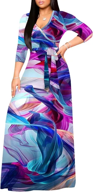 Plus Size Womens Maxi Dress Colorful Smoke Pattern Print Casual Sundress Sexy V Neck Midi Dress 3/4 Sleeves with Belt