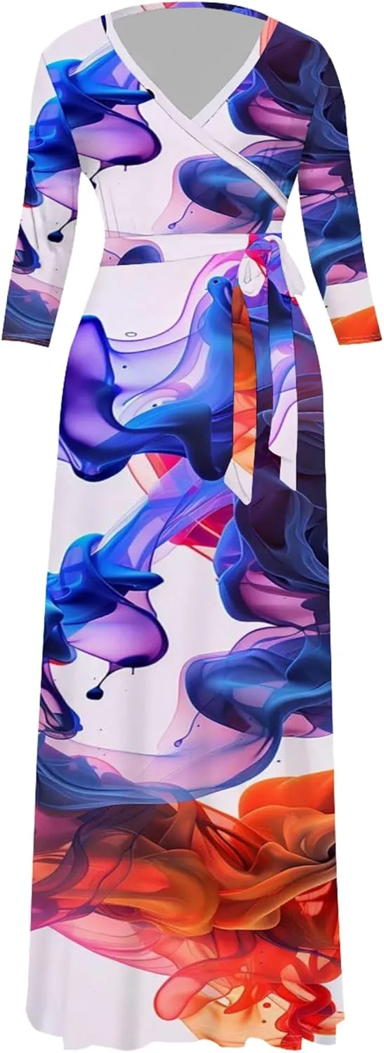 Plus Size Womens Maxi Dress Colorful Smoke Pattern Print Casual Sundress Sexy V Neck Midi Dress 3/4 Sleeves with Belt