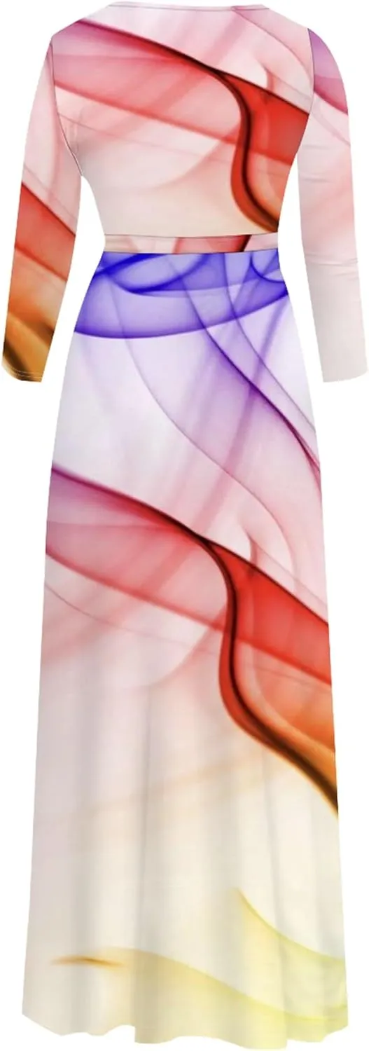 Plus Size Womens Maxi Dress Colorful Smoke Pattern Print Casual Sundress Sexy V Neck Midi Dress 3/4 Sleeves with Belt