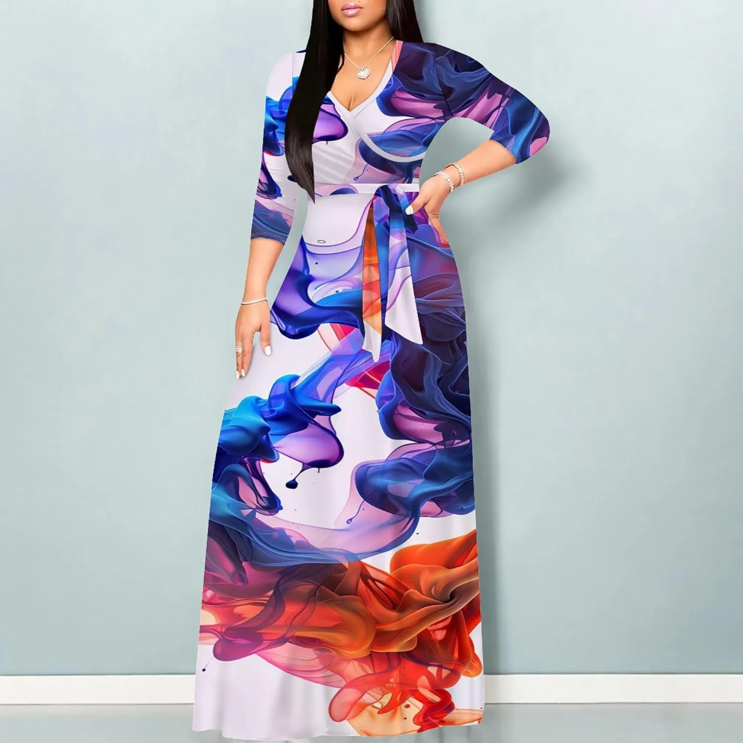 Plus Size Womens Maxi Dress Colorful Smoke Pattern Print Casual Sundress Sexy V Neck Midi Dress 3/4 Sleeves with Belt