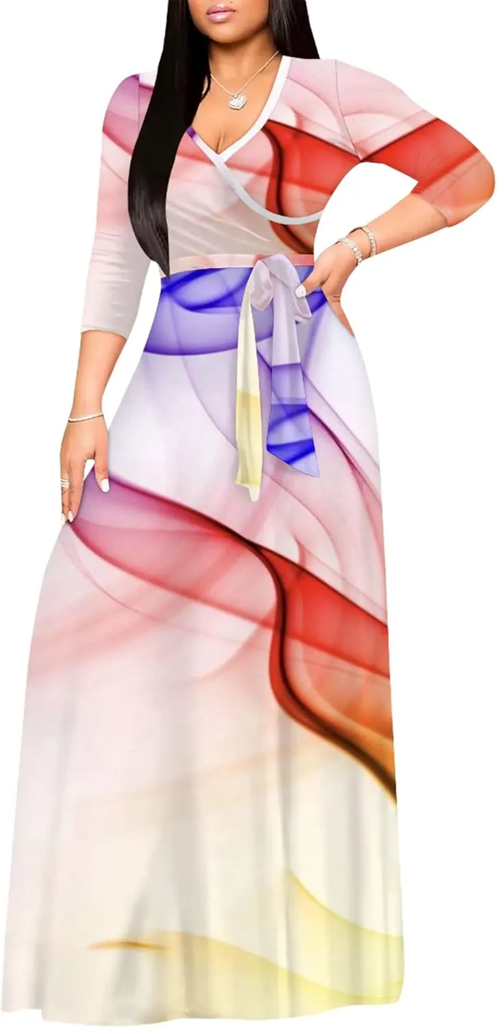 Plus Size Womens Maxi Dress Colorful Smoke Pattern Print Casual Sundress Sexy V Neck Midi Dress 3/4 Sleeves with Belt