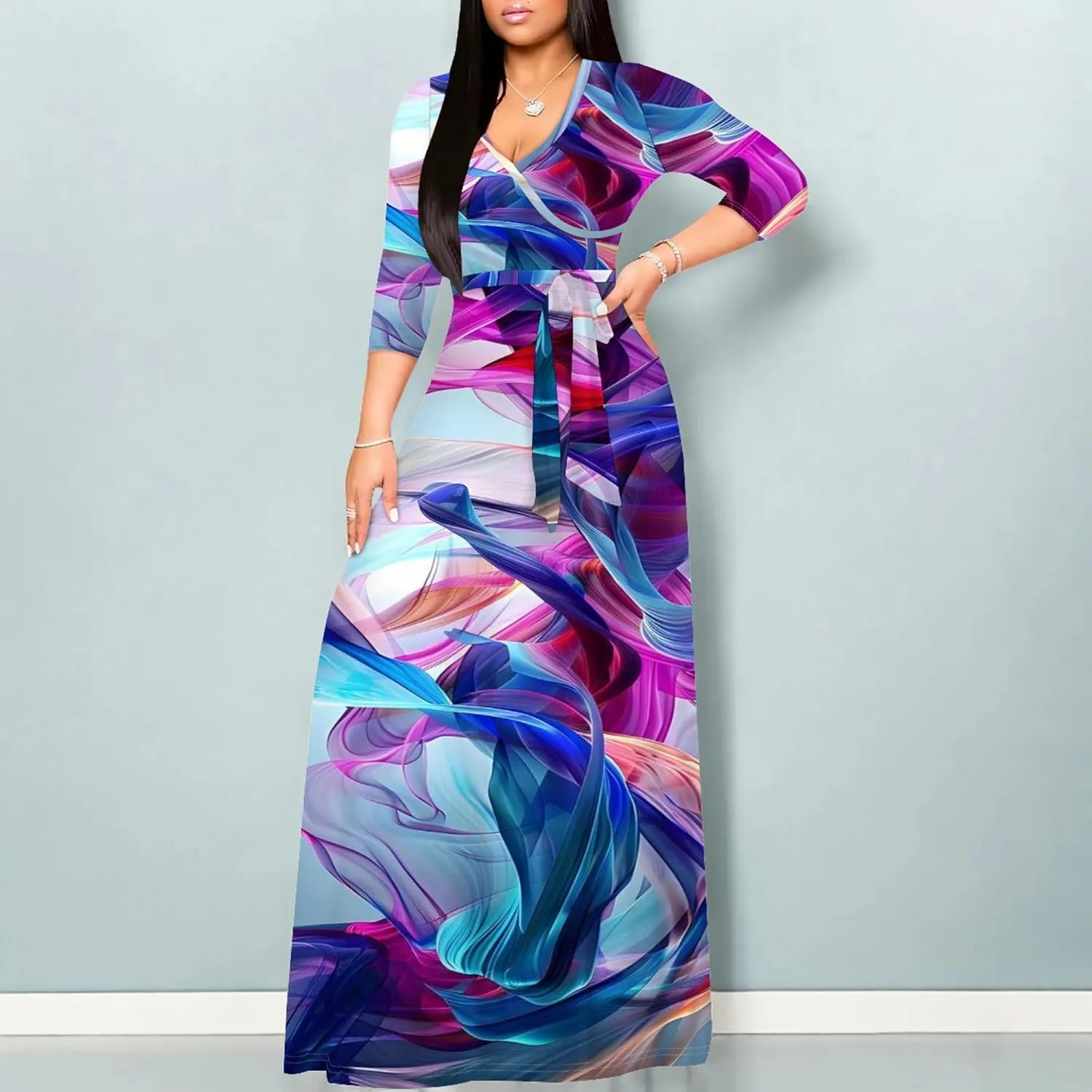 Plus Size Womens Maxi Dress Colorful Smoke Pattern Print Casual Sundress Sexy V Neck Midi Dress 3/4 Sleeves with Belt