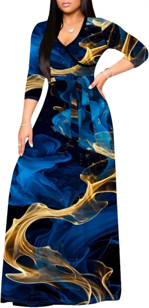 Plus Size Womens Maxi Dress Colorful Smoke Pattern Print Casual Sundress Sexy V Neck Midi Dress 3/4 Sleeves with Belt
