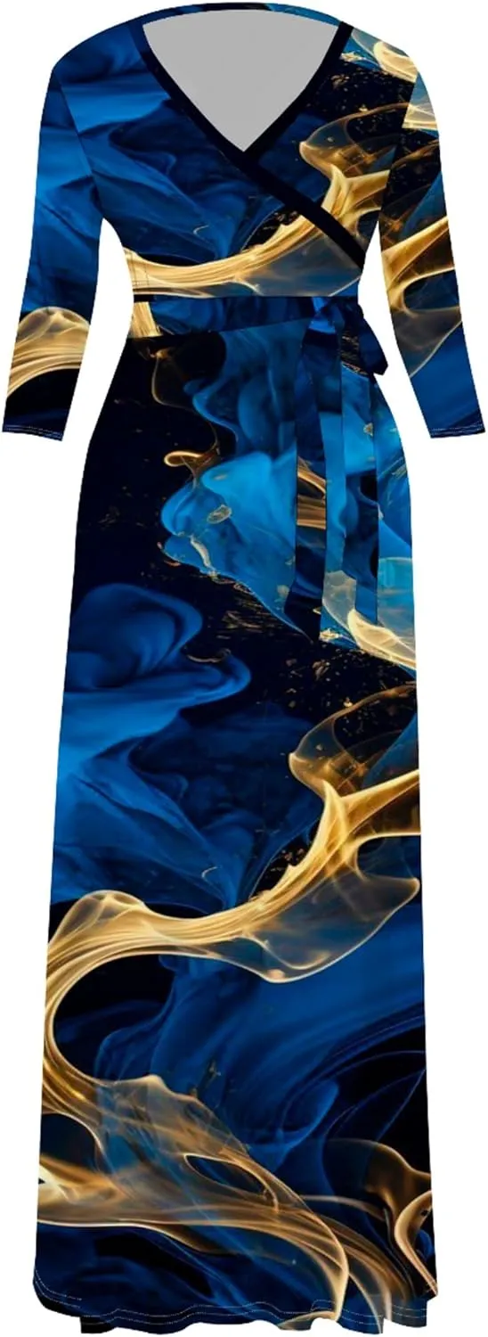 Plus Size Womens Maxi Dress Colorful Smoke Pattern Print Casual Sundress Sexy V Neck Midi Dress 3/4 Sleeves with Belt