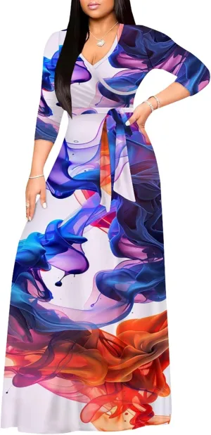 Plus Size Womens Maxi Dress Colorful Smoke Pattern Print Casual Sundress Sexy V Neck Midi Dress 3/4 Sleeves with Belt