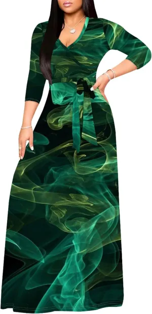 Plus Size Womens Maxi Dress Colorful Smoke Pattern Print Casual Sundress Sexy V Neck Midi Dress 3/4 Sleeves with Belt