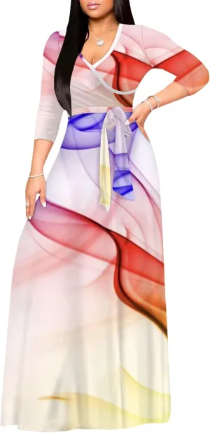 Plus Size Womens Maxi Dress Colorful Smoke Pattern Print Casual Sundress Sexy V Neck Midi Dress 3/4 Sleeves with Belt