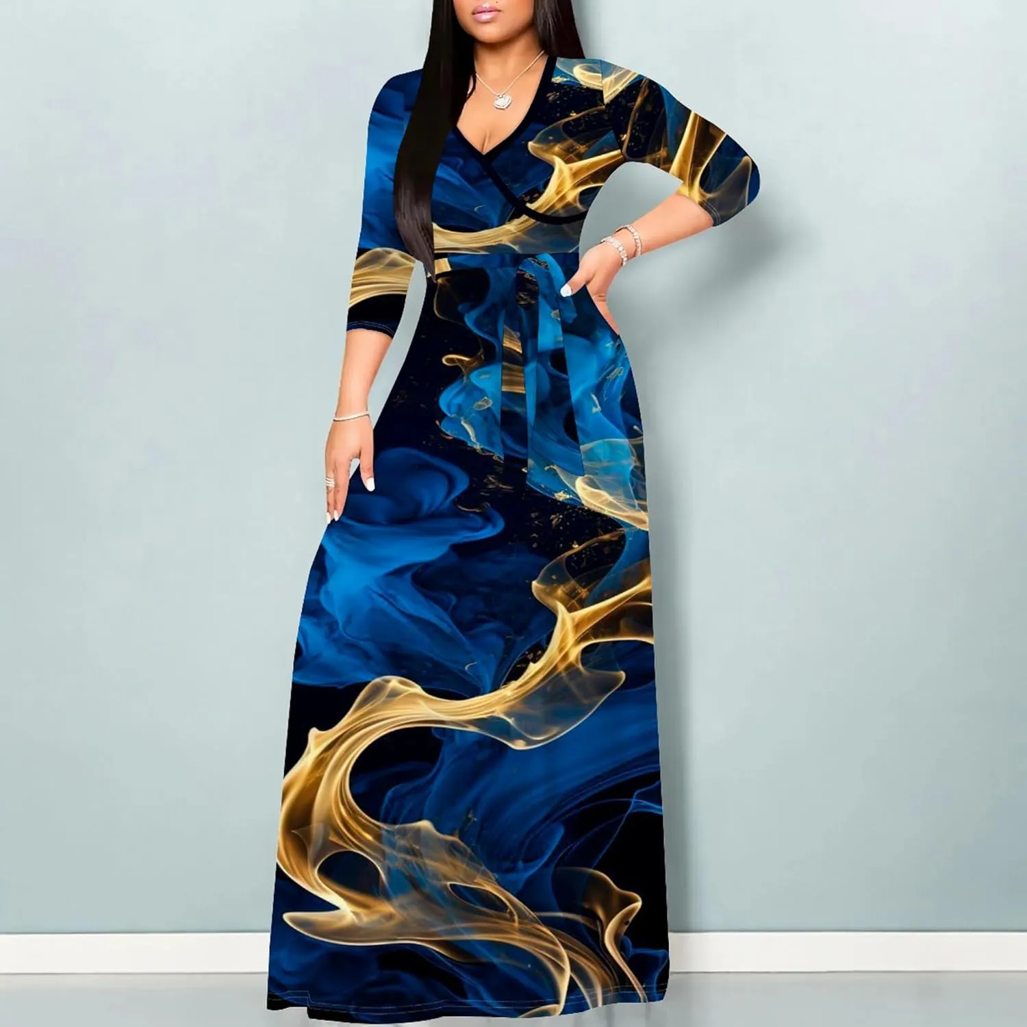 Plus Size Womens Maxi Dress Colorful Smoke Pattern Print Casual Sundress Sexy V Neck Midi Dress 3/4 Sleeves with Belt