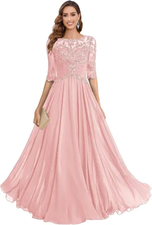 POMUYOO Lace Mother of The Bride Dresses for Wedding A Line Long Chiffon Formal Evening Gown with Sleeves