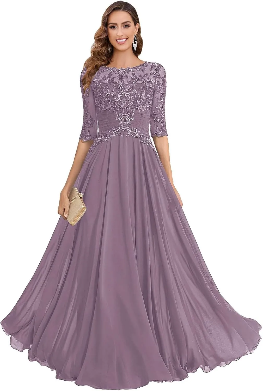 POMUYOO Lace Mother of The Bride Dresses for Wedding A Line Long Chiffon Formal Evening Gown with Sleeves
