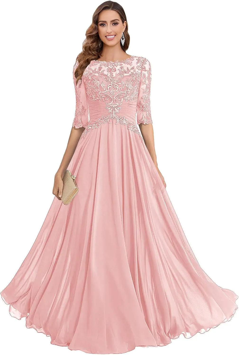 POMUYOO Lace Mother of The Bride Dresses for Wedding A Line Long Chiffon Formal Evening Gown with Sleeves